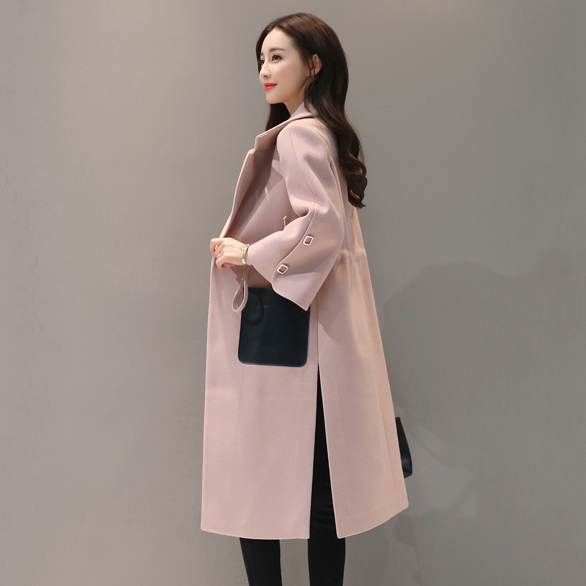 女款韩版优雅气质淑女休闲宽松撞色口袋抽绳收腰中长款女式大衣