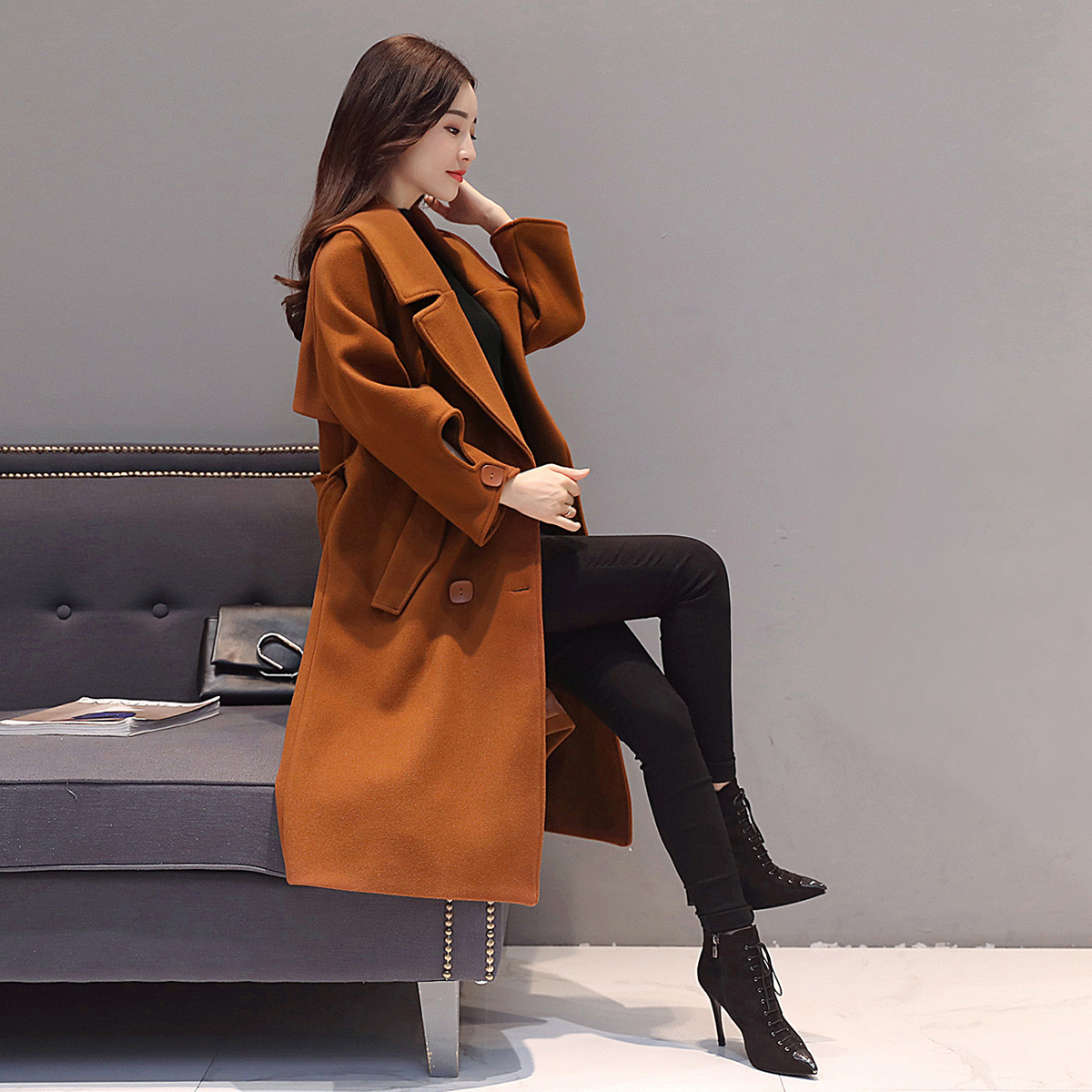 女款韩版秋冬时尚休闲气质淑女翻领半圆袖中长款女式呢大衣