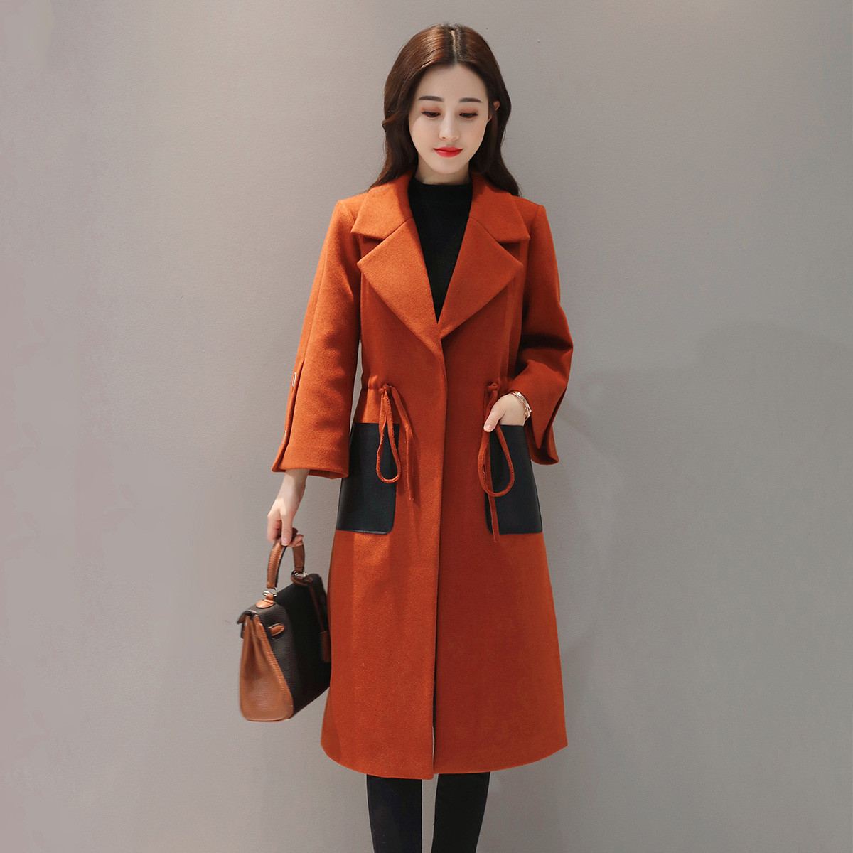 女款韩版优雅气质淑女休闲宽松撞色口袋抽绳收腰中长款女式大衣