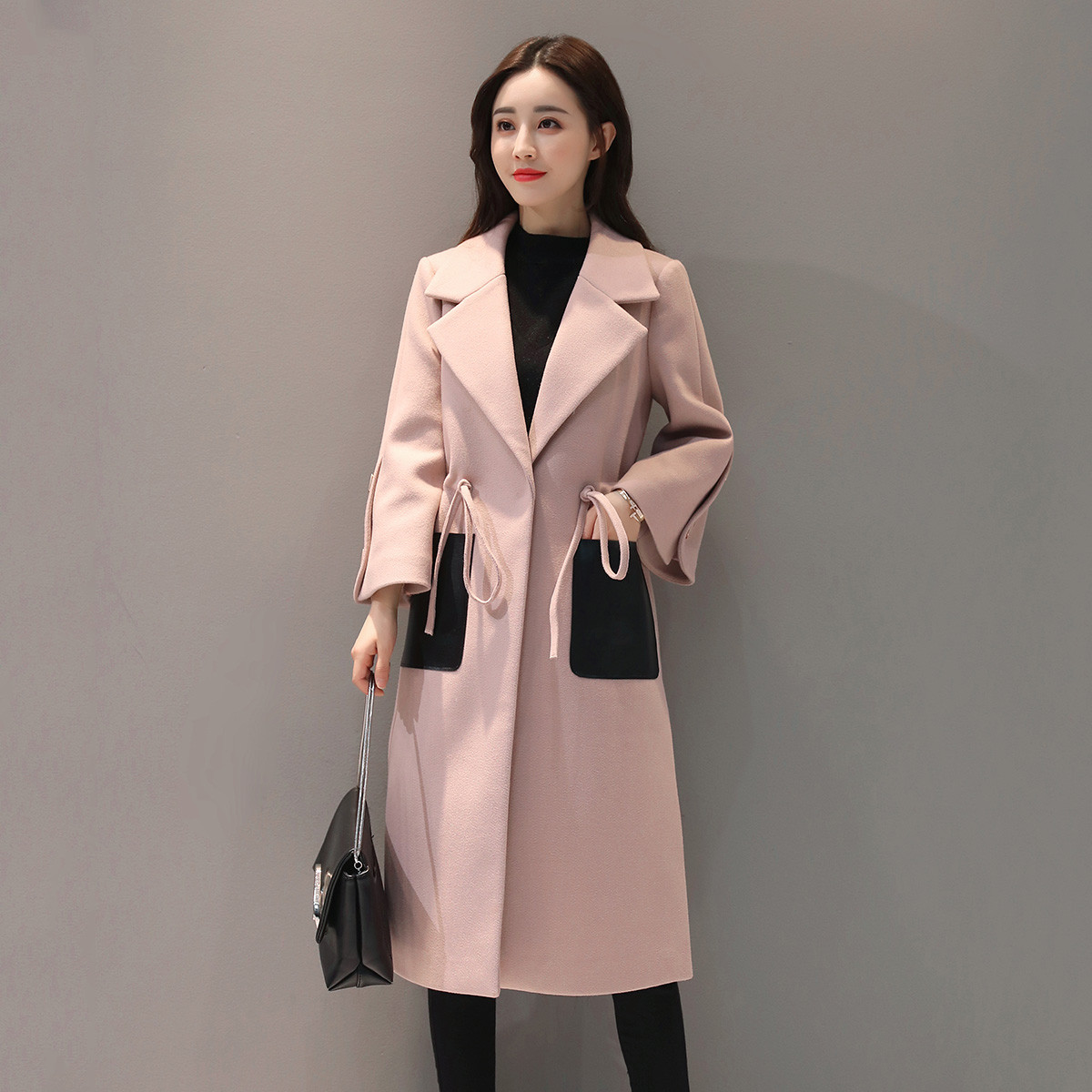 女款韩版优雅气质淑女休闲宽松撞色口袋抽绳收腰中长款女式大衣