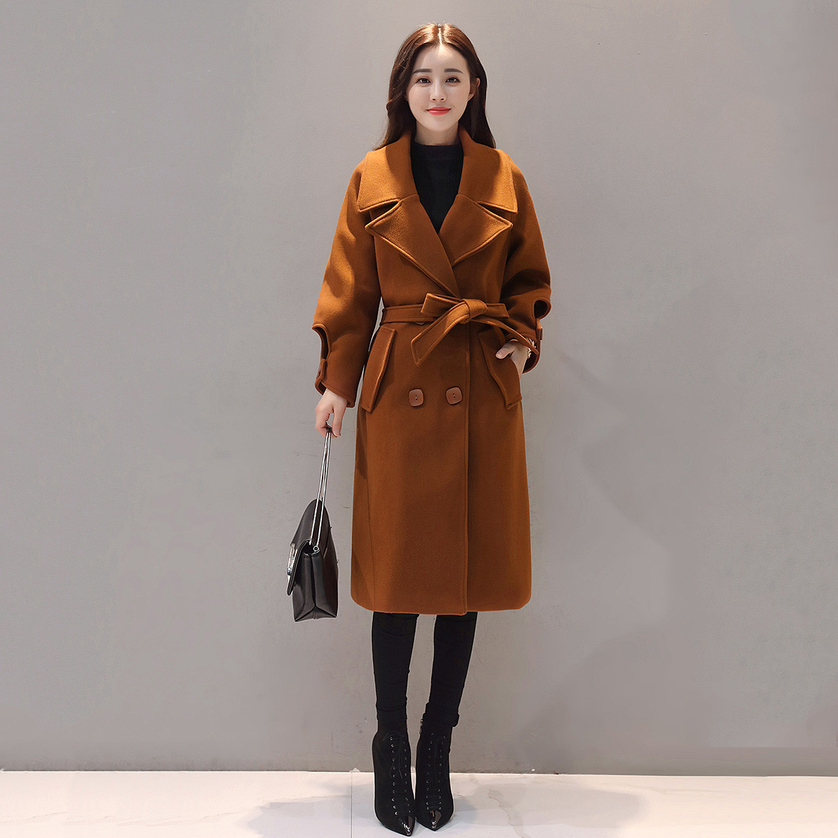 女款韩版秋冬时尚休闲气质淑女翻领半圆袖中长款女式呢大衣