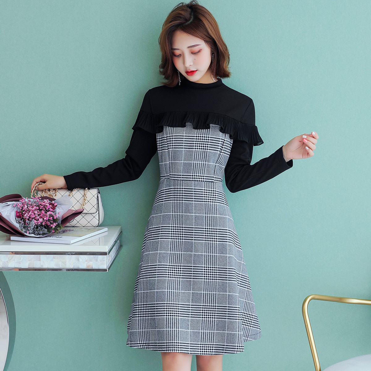 春秋新款女装流行连衣裙 复古格子连衣裙a字裙修身连衣裙