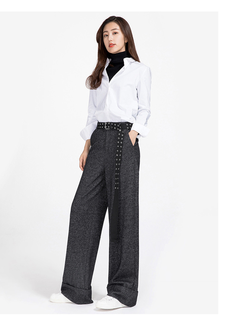 逸阳女裤2018秋季新款韩版高腰麻灰色卷边直筒阔腿裤女长裤子女休闲裤