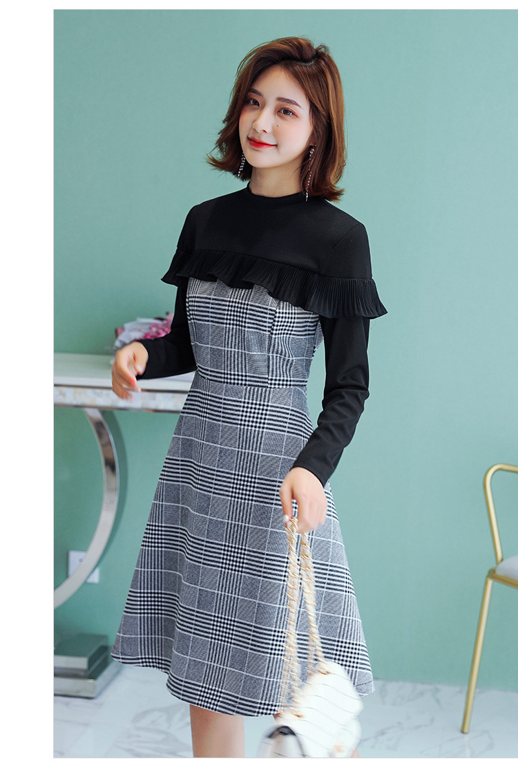 春秋新款女装流行连衣裙 复古格子连衣裙a字裙修身连衣裙