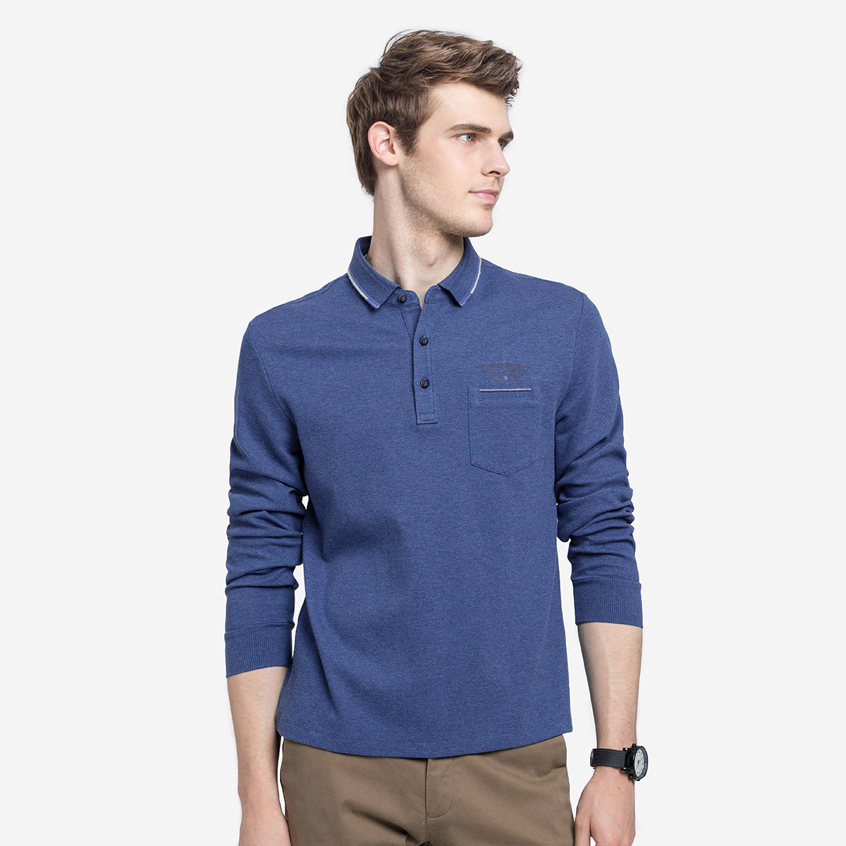 2018年秋季新款青年翻领口袋珠地网眼纯色长袖polo衫男士t恤