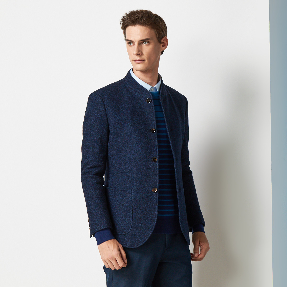 秋冬男款羊毛简约休闲立领单西男士西服