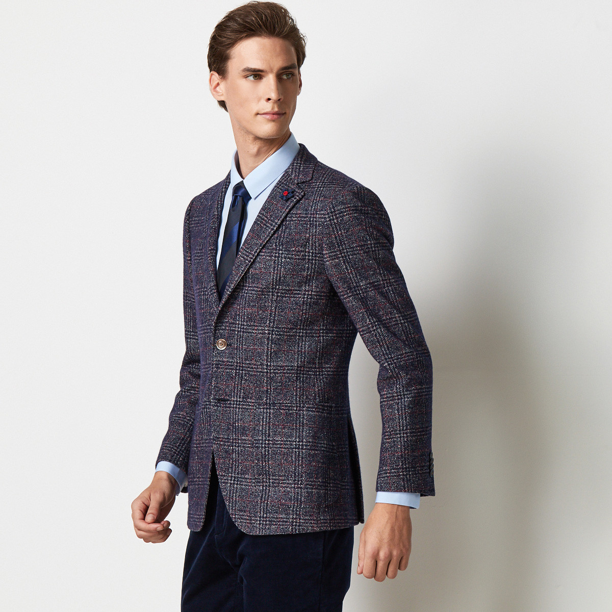 秋季男款羊毛商务正装格纹单西男士西服