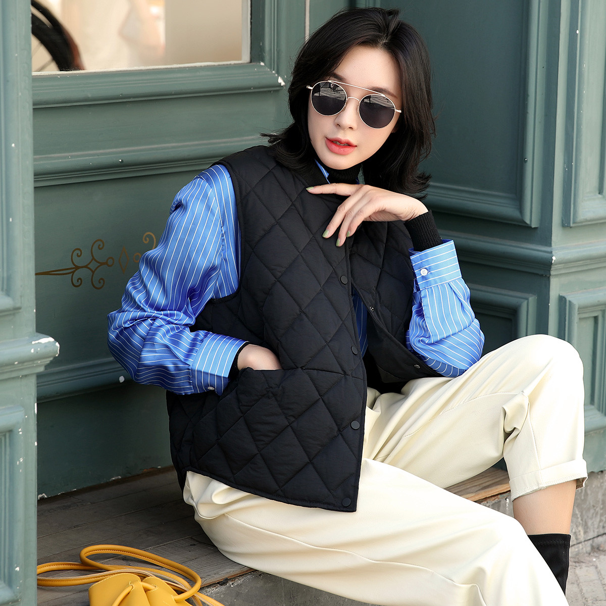 冬装新款韩版休闲菱形压格马甲立领外穿女士棉马夹