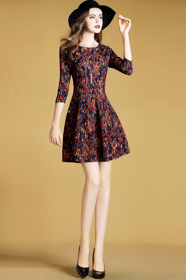 2018新品秋季通勤七分袖印花连衣裙修身a字裙