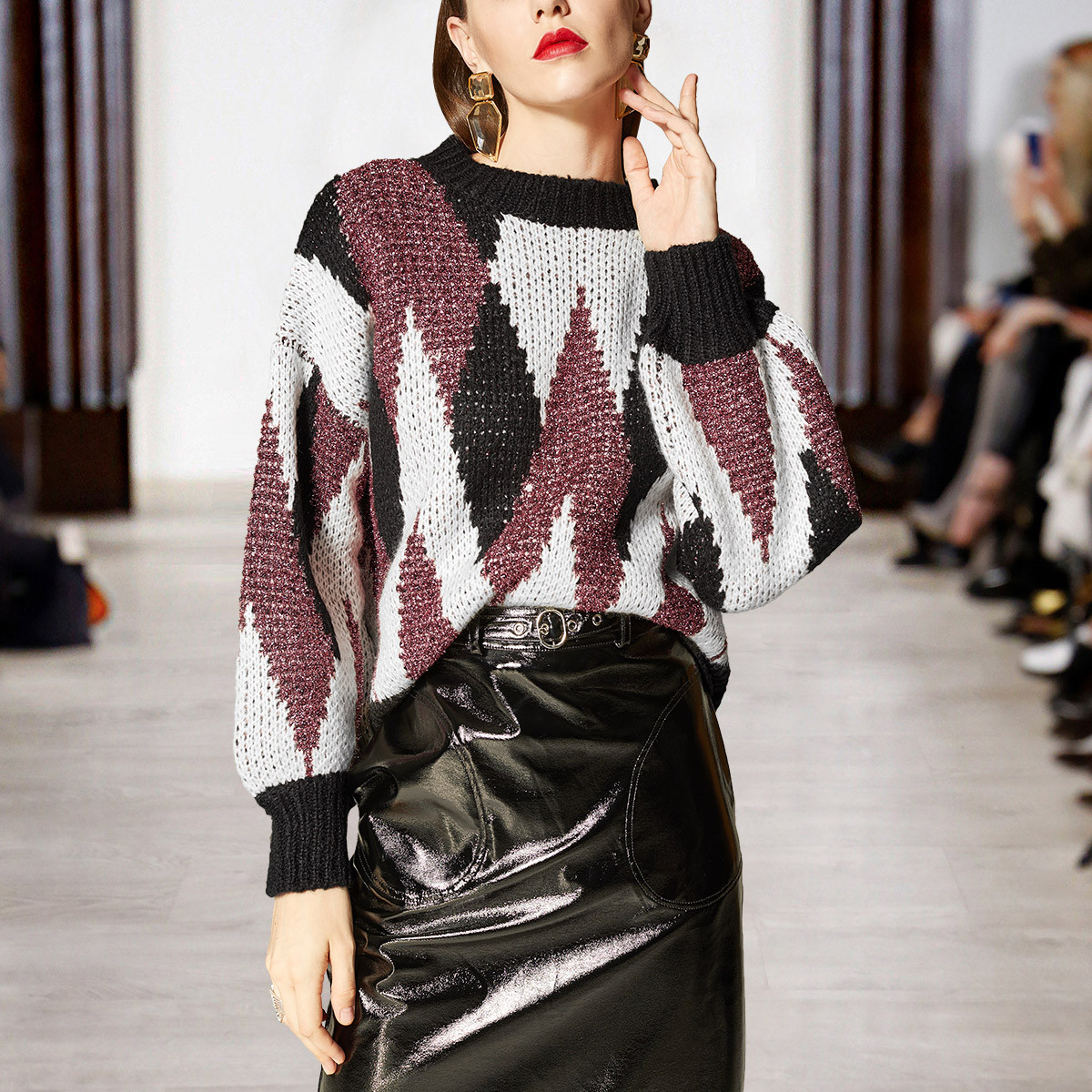 fleur wood【2018秋新品】时尚百搭圆领灯笼袖撞色女式毛衣