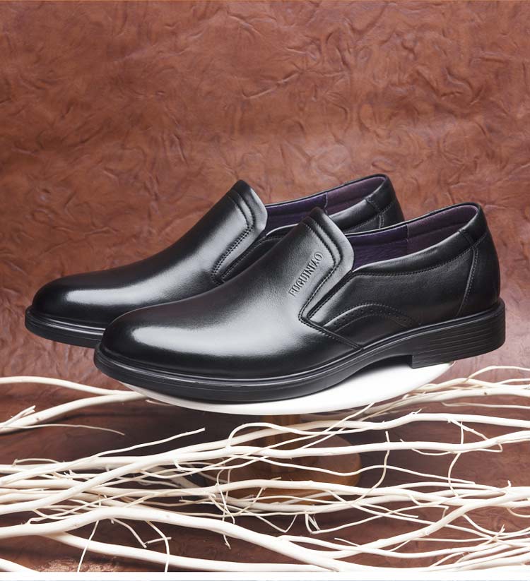富贵鸟2018秋季新品【头层牛皮】黑色舒适套脚商务休闲鞋男士皮鞋男士