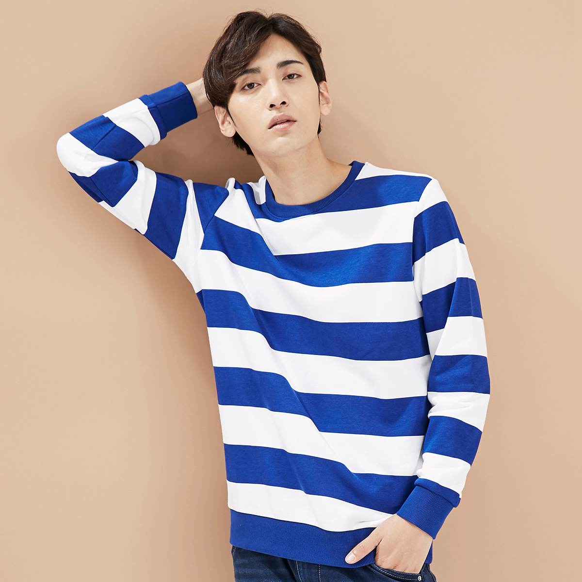 美特斯邦威美特斯邦威春秋装男时尚休闲圆领基本套头条纹卫衣男601744