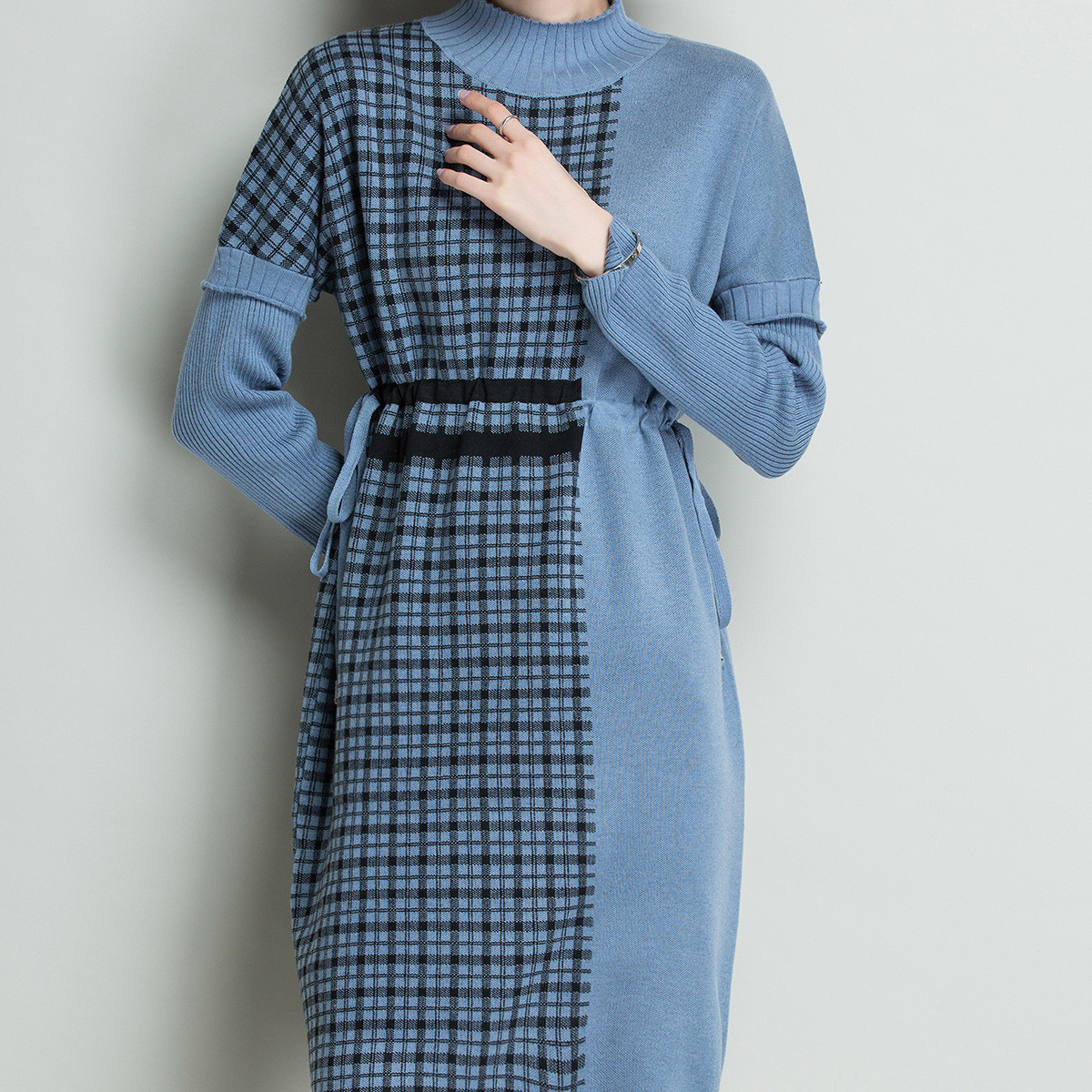 含羊毛村上春秋冬新款格子长袖半高领针织裙裙子优雅羊毛连衣裙