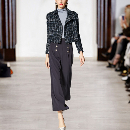 fleur wood【2018冬新品】经典百搭小香风翻领短款女装外套