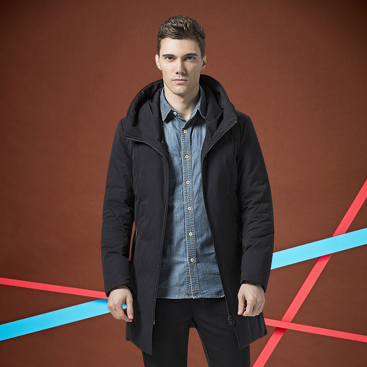 carli男装特卖旗舰店 carli/卡拉利 冬季连帽羽绒服男中长款时尚休闲