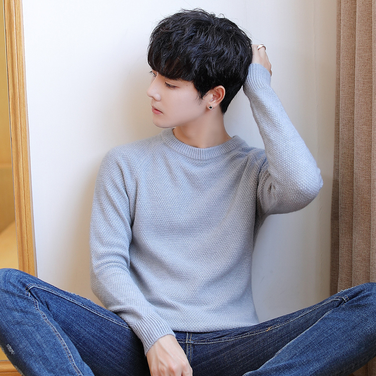 2018秋冬季新款男士上衣服日系韩版纯色百搭男士毛衫圆领套头男士毛衣