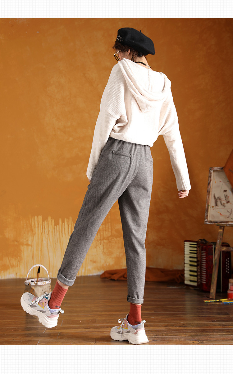 嬉皮少女2019新款女式休闲裤可翻边松紧腰高腰哈伦裤九分裤女小脚裤女