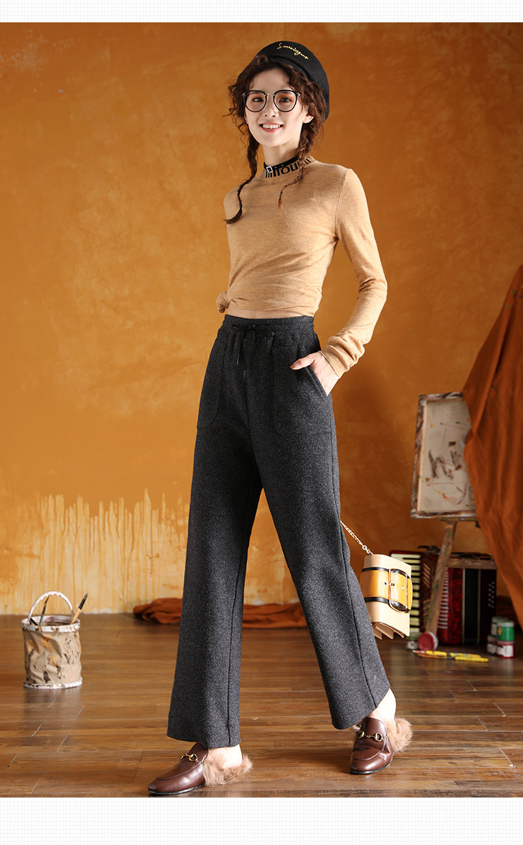 休闲裤女式阔腿裤针织长裤高腰舒适简约风裤脚卷边女款阔腿长裤子女潮