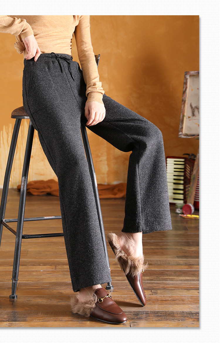 2018冬季新款韩版休闲裤女式阔腿裤针织长裤高腰舒适简约风裤脚卷边女