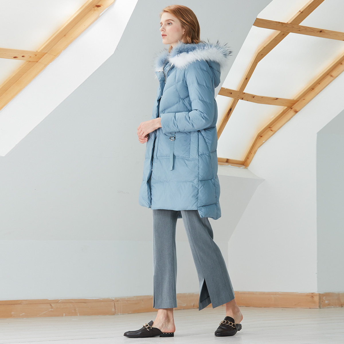 周年庆狂欢-杰西jessie女装专场 时尚毛毛口袋中长款羽绒服