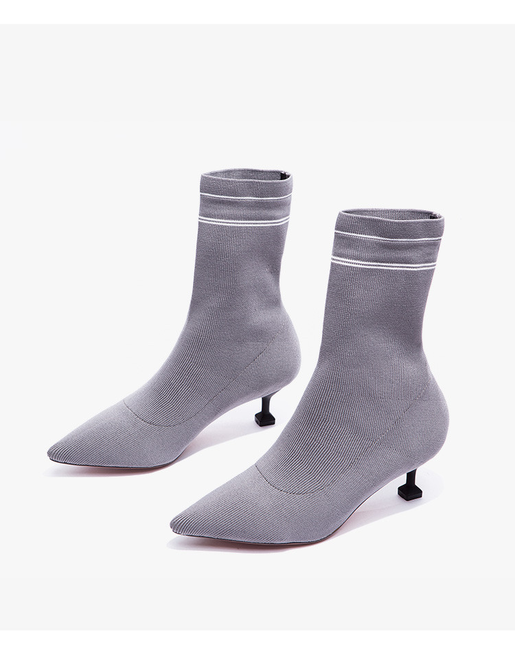 2018秋冬新品高帮细跟显瘦尖头弹力布针织时尚百搭女裸靴袜靴