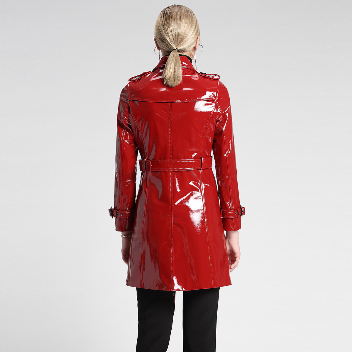 marcymarny 绵羊皮皮衣女中长款双排扣漆皮真皮风衣外套