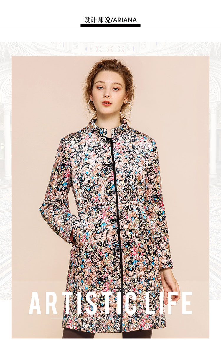 moreline沐兰冬新品女装立领直筒印花中长款棉服