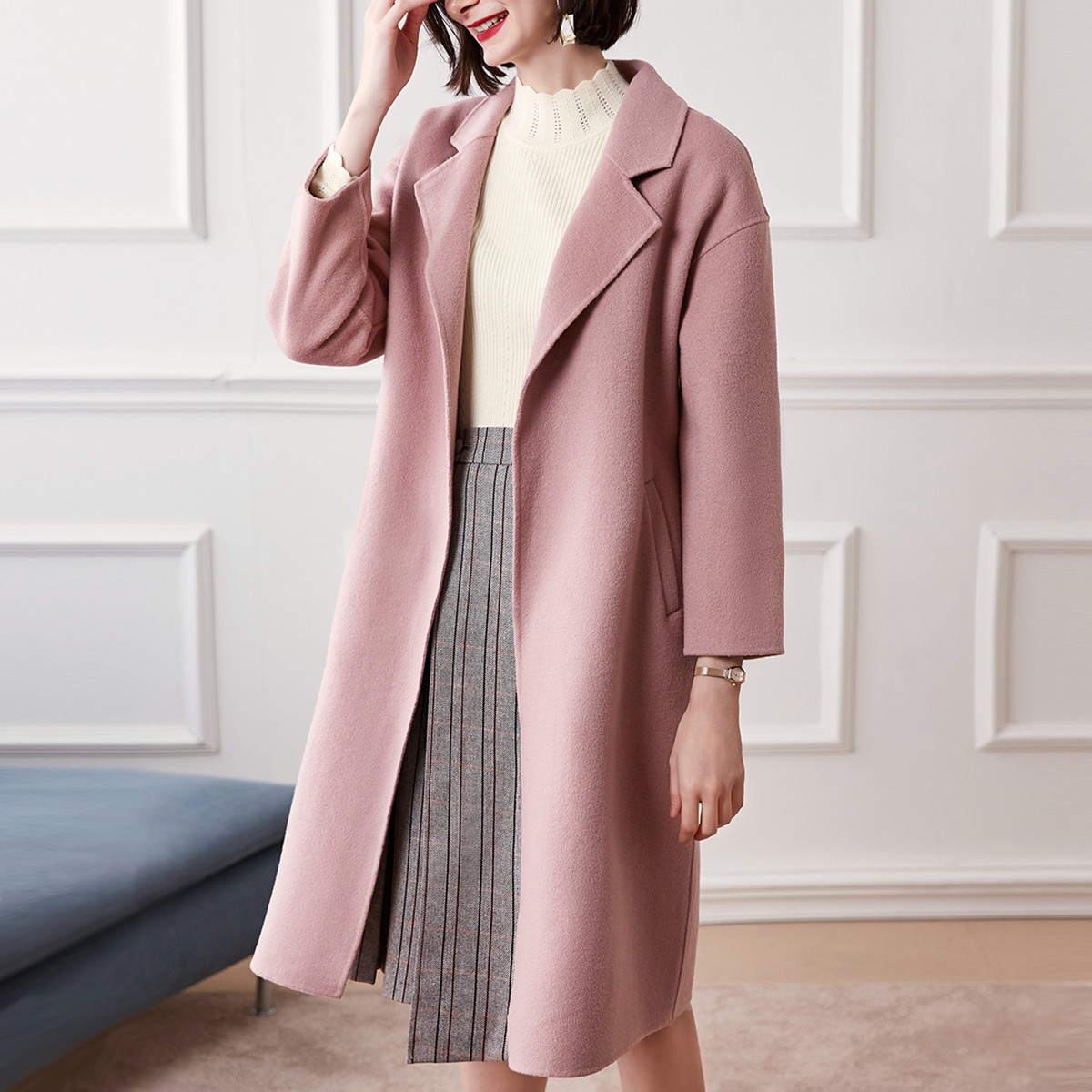 韩版潮流落肩袖双面毛呢羊毛大衣女中长款秋冬季新款过膝时尚系带