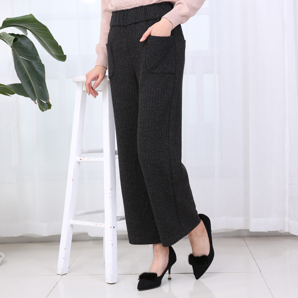 贵恋针织阔腿裤2018新款冬季妈妈装中老年松紧女裤子