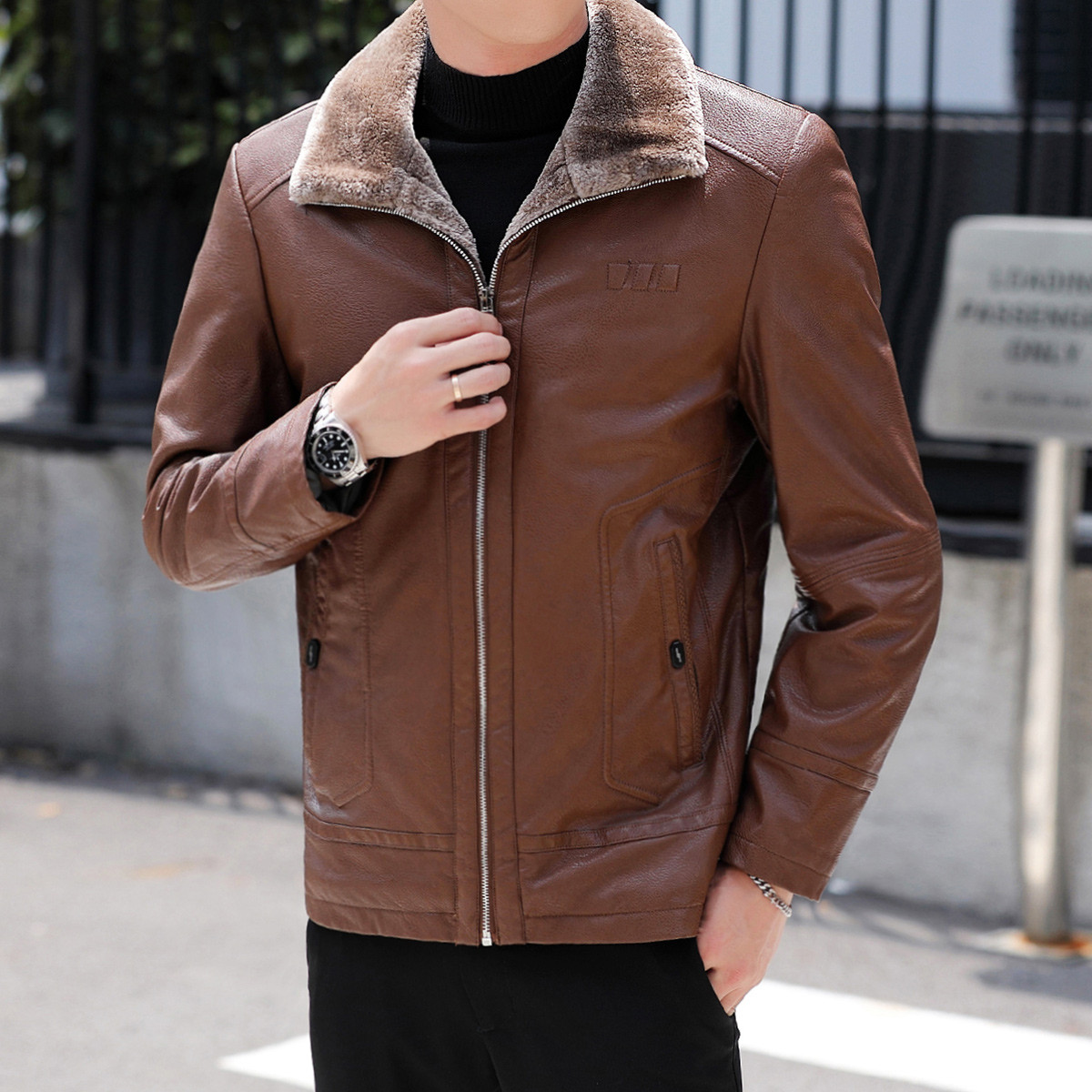 加绒加厚棉袄子保暖上衣男士夹克男士棉衣服纯色男士皮衣男士外套男