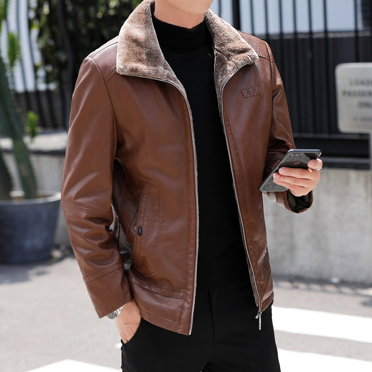 加绒加厚棉袄子保暖上衣男士夹克男士棉衣服纯色男士皮衣男士外套男