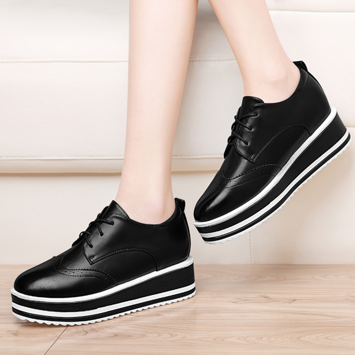 英伦时尚休闲女鞋单鞋擦色松糕底休闲鞋松糕鞋女厚底布洛克女鞋春秋