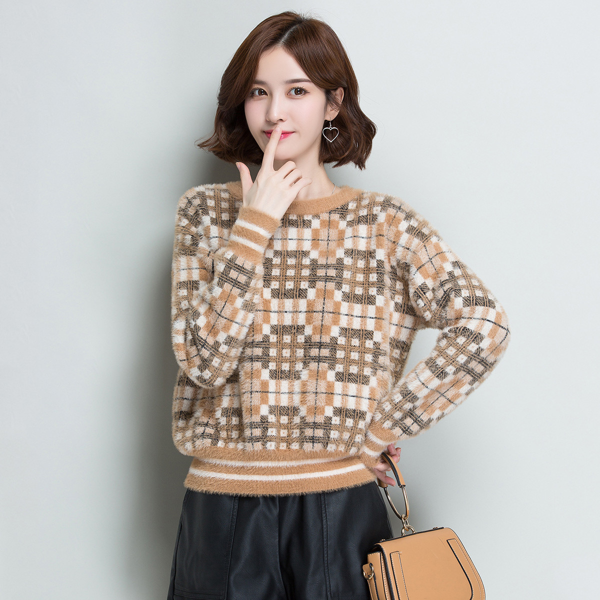 【提花撞色】村上春秋冬新款圆领气质优雅针织衫打底衫女式毛衣