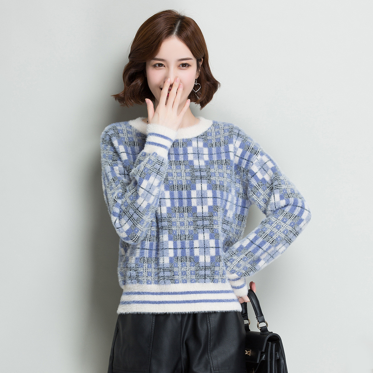 【提花撞色】村上春秋冬新款圆领气质优雅针织衫打底衫女式毛衣