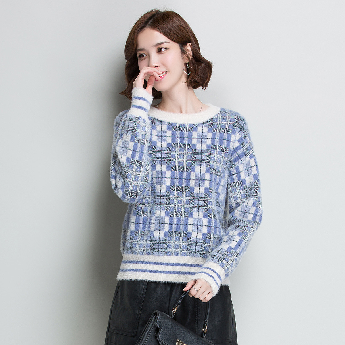 【提花撞色】村上春秋冬新款圆领气质优雅针织衫打底衫女式毛衣