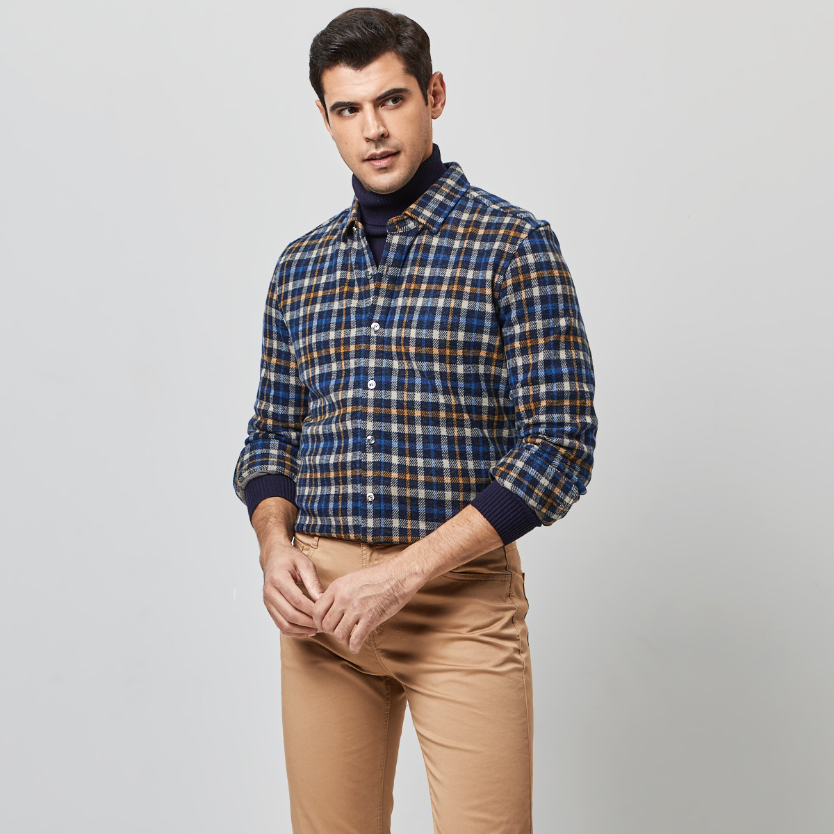 mens 春秋纯羊毛格子商务男士衬衫