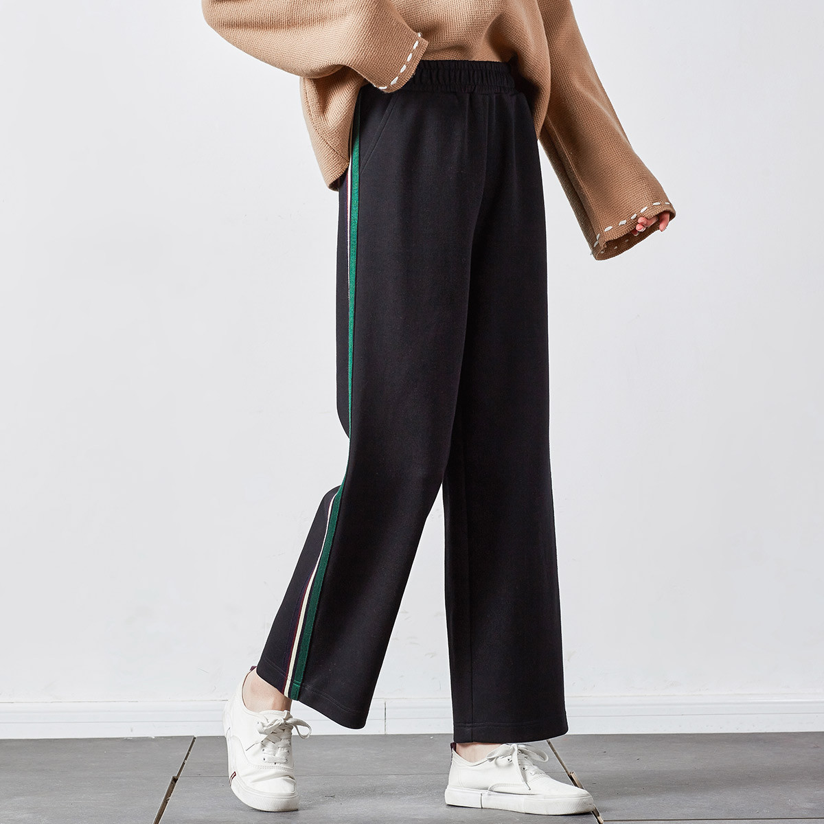 条纹拼接休闲裤时尚百搭裤子女青年通勤休闲运动女裤女款阔腿裤女裤子