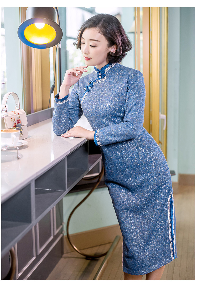 晞月 针织旗袍女秋季新款优雅长袖中长款修身连衣裙