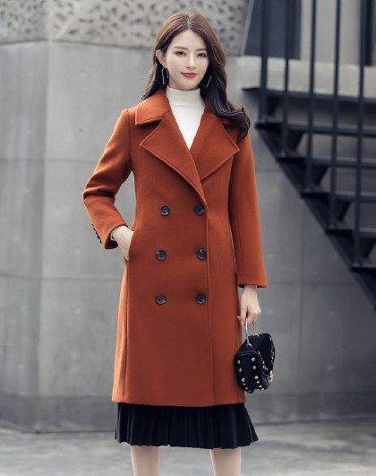 秋季新款女装翻领纯色修身中长款毛呢大衣                 唯品国际