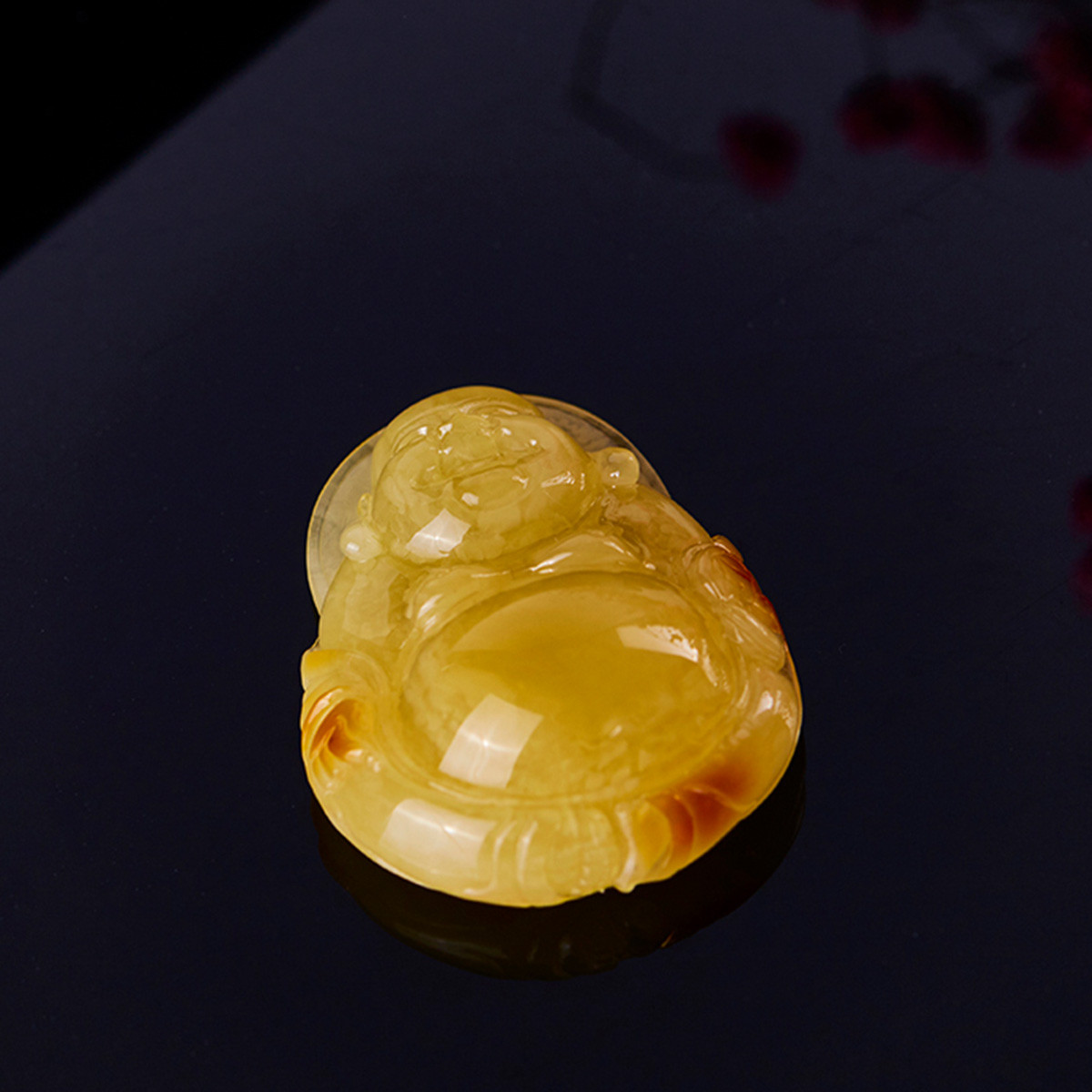 嘉乐琥珀 天然蜜蜡吊坠弥勒佛公精雕项链男女款孤品满蜡挂件【有福