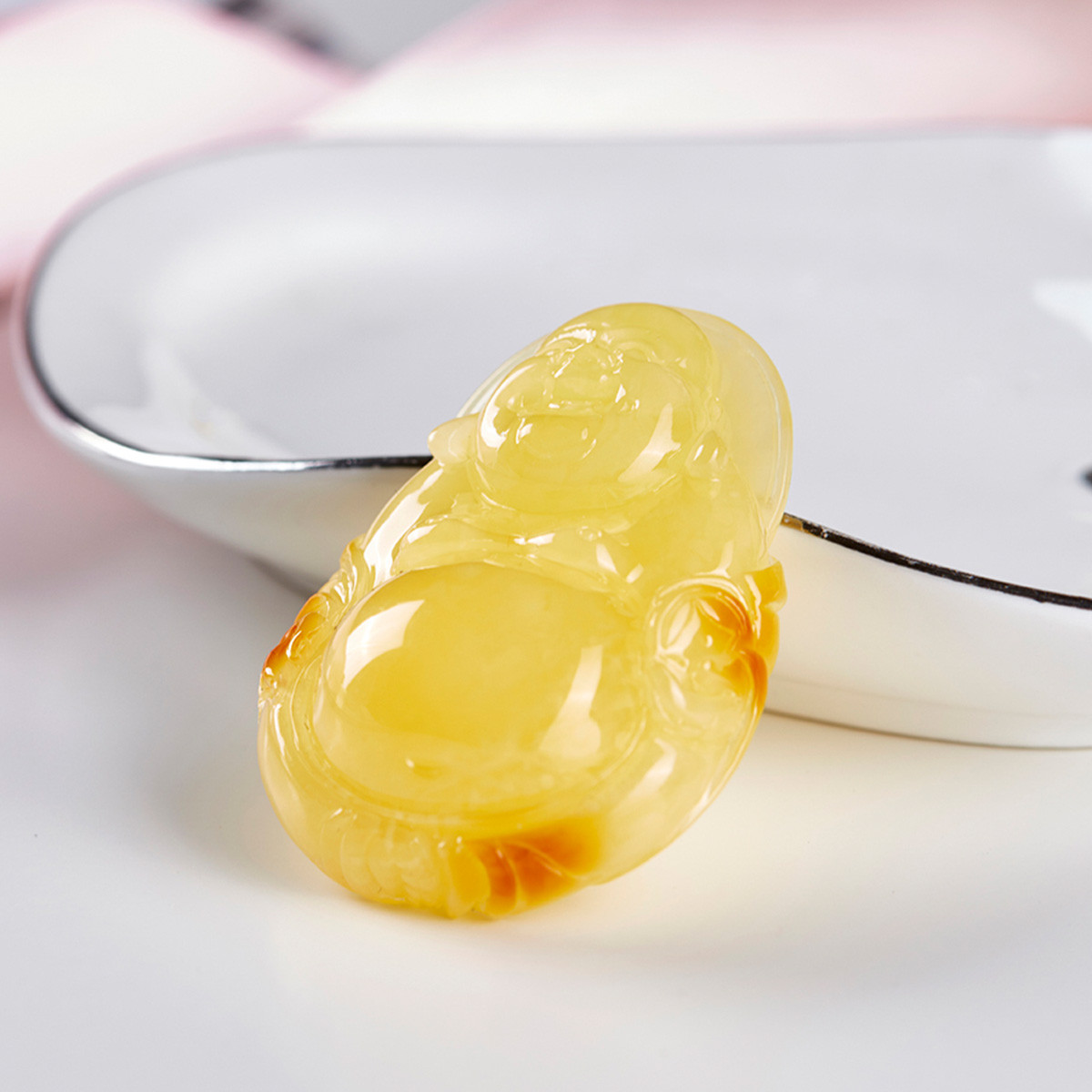 嘉乐琥珀 天然蜜蜡吊坠弥勒佛公精雕项链男女款孤品满蜡挂件【有福