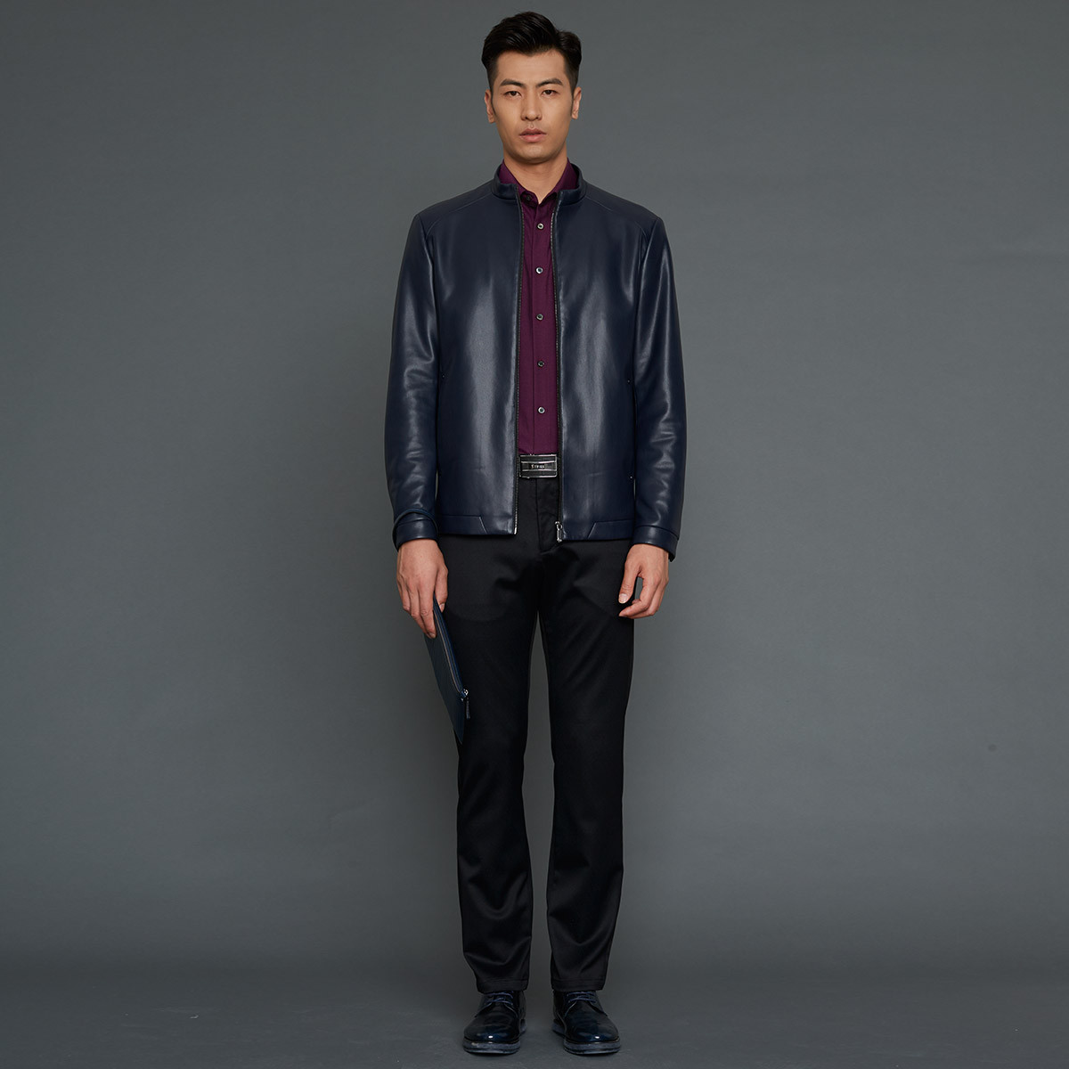 才子男装夹克衫男士商务立领皮衣新款休闲皮夹克外套薄款