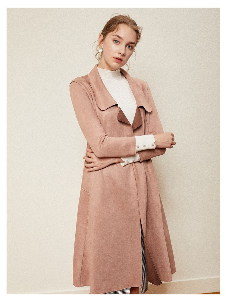 2018秋上新女装新款时尚简约气质翻领麂皮绒修身百搭中长款风衣外套