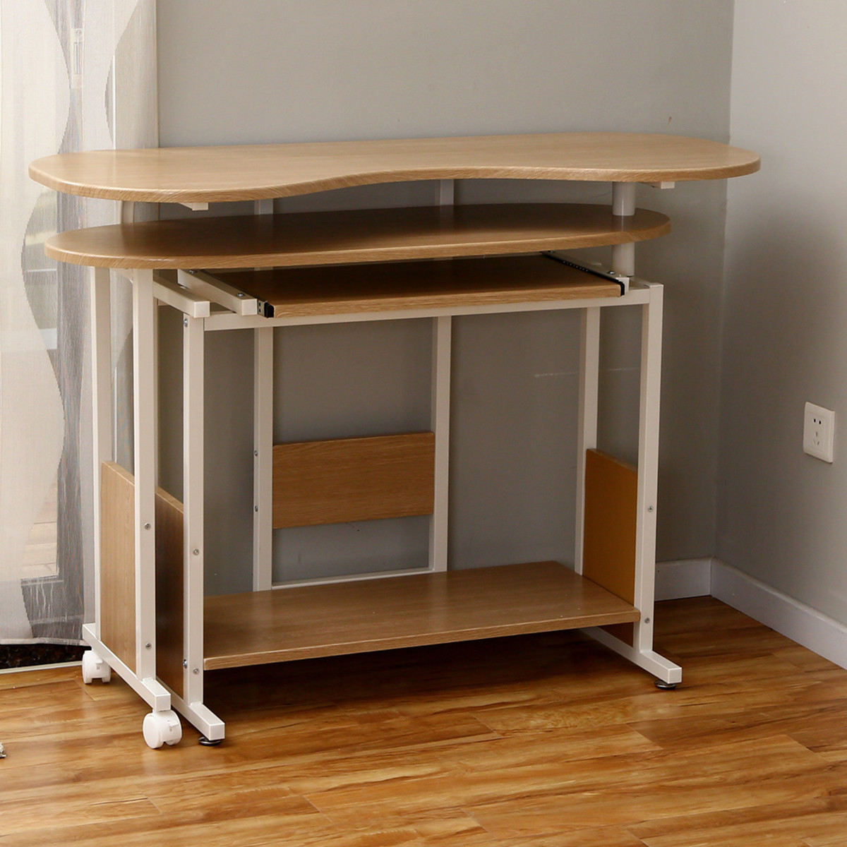 橡木色可移动折叠旋转电脑桌