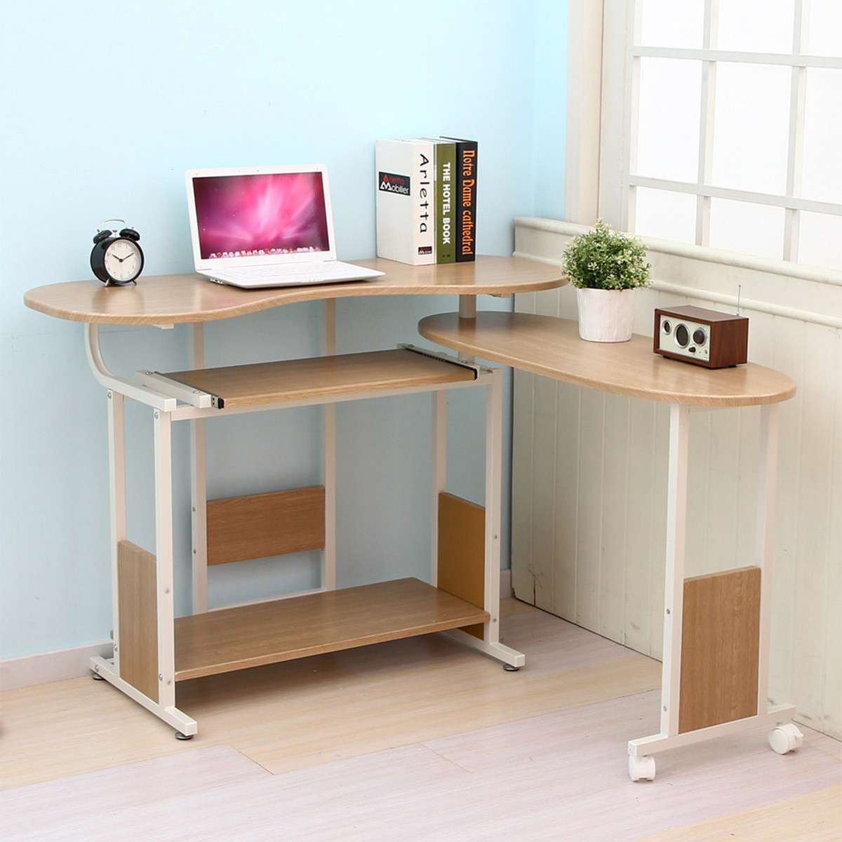 橡木色可移动折叠旋转电脑桌