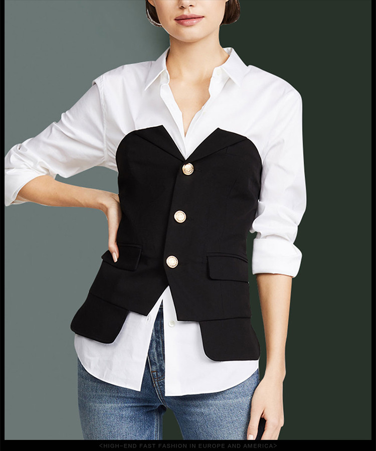 海青蓝2018秋装新款女时尚长袖拼接修身显瘦休百搭衬衫