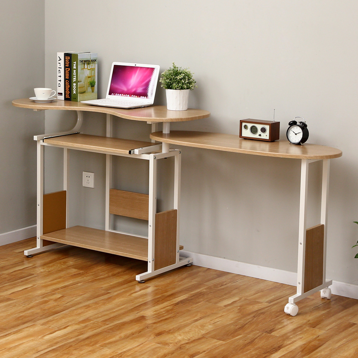 橡木色可移动折叠旋转电脑桌