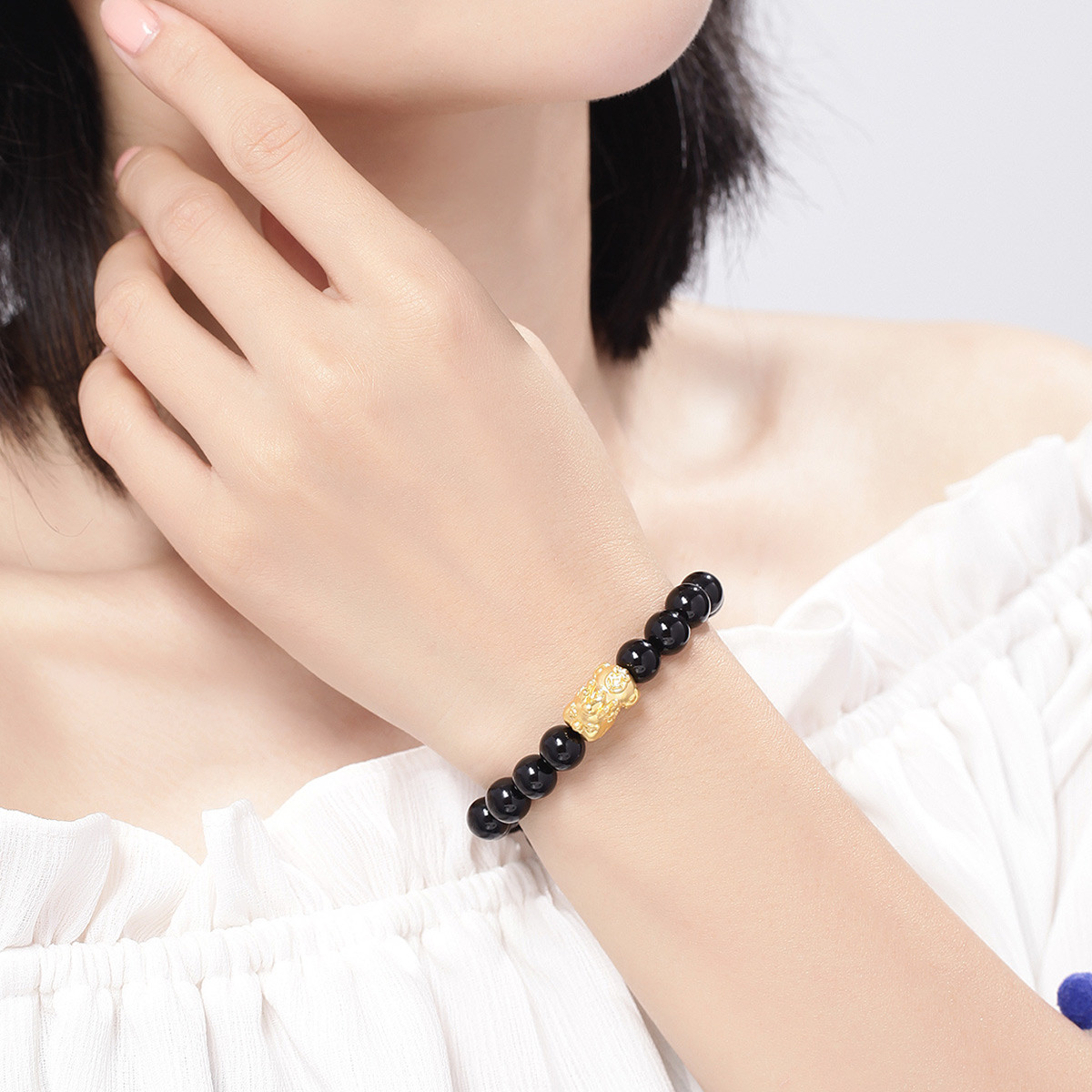 【2018新品】明牌珠宝 足金 3d硬金宝宝貔貅黄金手串手链可爱 定价afp