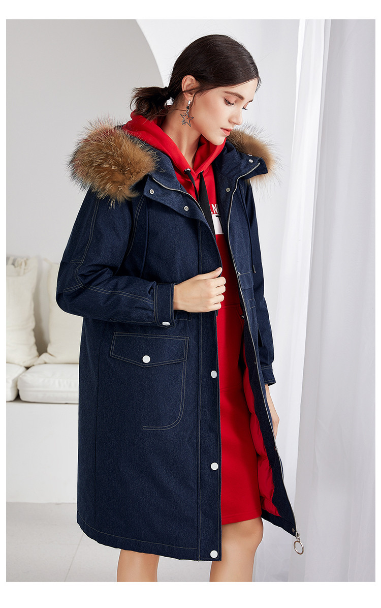 迪图新款毛领收腰宽松中长款牛仔羽绒服