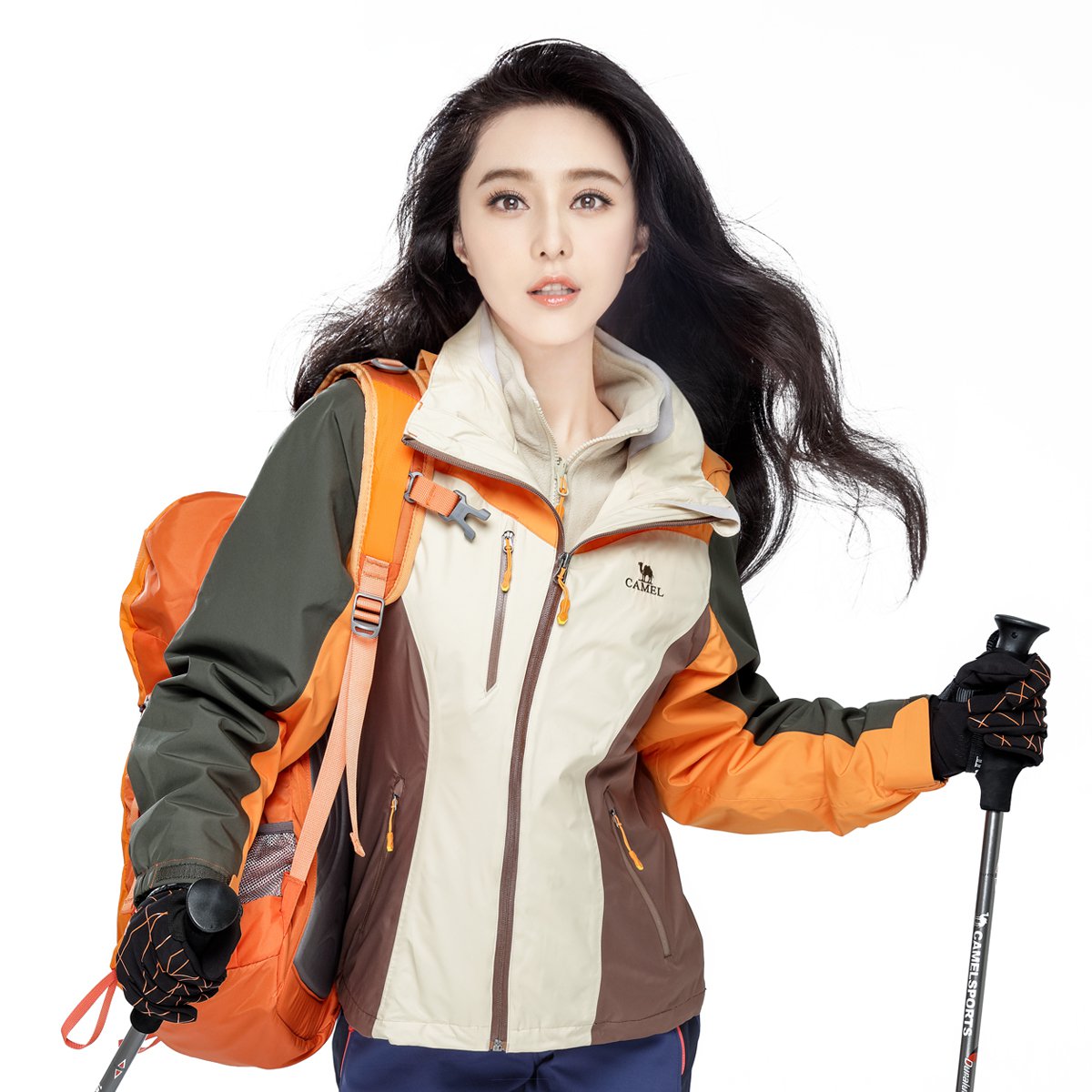 范冰冰同款骆驼户外防风衣 可拆卸抓绒内胆三合一冲锋衣 时尚拼色休闲